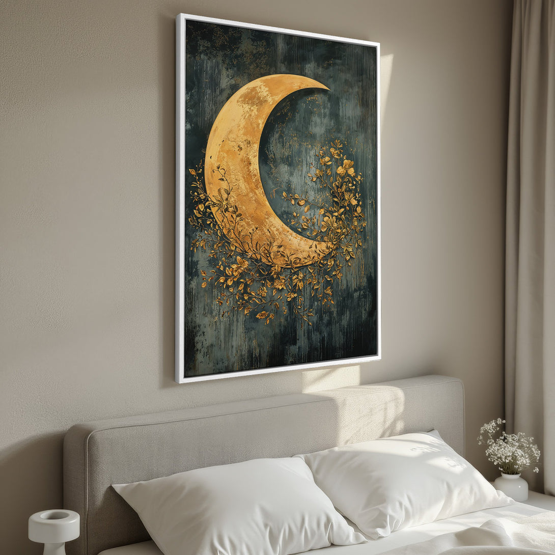 Framed Wall Art: Abstract moon art in gold & teal. Modern canvas print adds a touch of elegance to any bedroom. Shop now for unique wall decor!