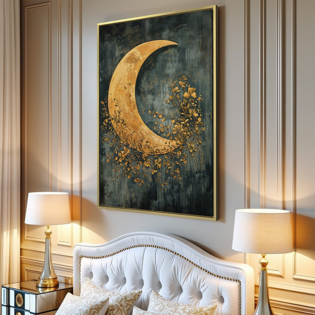 Canvas Print featuring a golden crescent moon with floral accents against a dark teal background. Modern art in a warm, inviting color palette.
