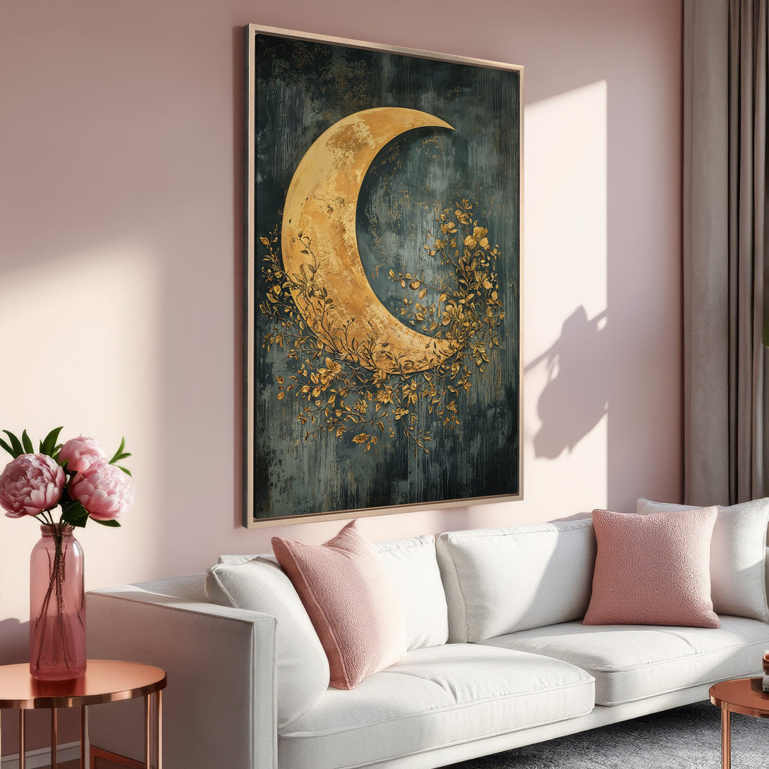 Framed Wall Art: Gold moon art print in a modern interior. Features a gold and teal color palette, perfect for adding a touch of elegance to your home decor.