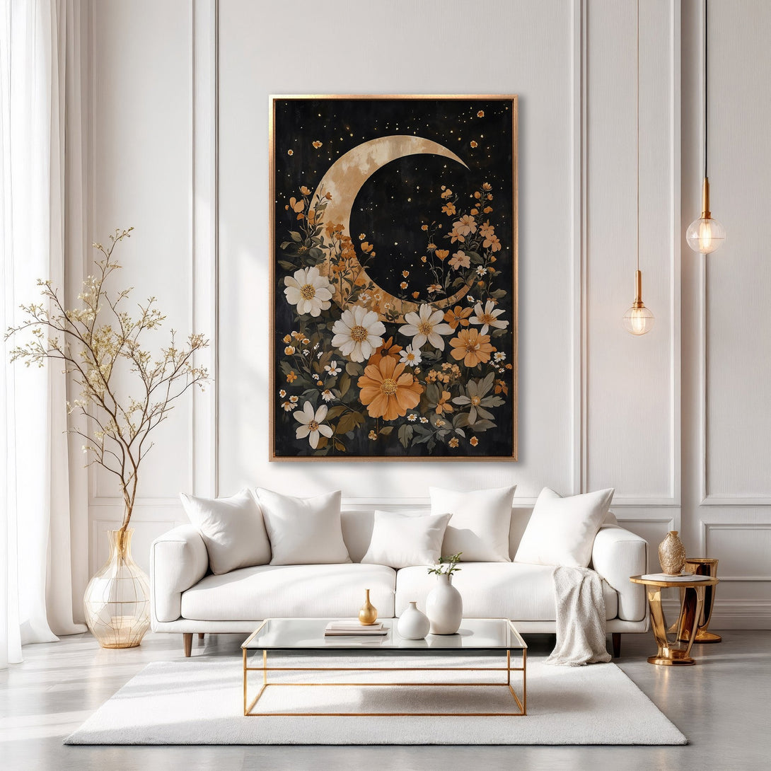 Framed Wall Art: Abstract black swan painting with gold accents. Modern canvas print in a chic living room, featuring a neutral color palette.