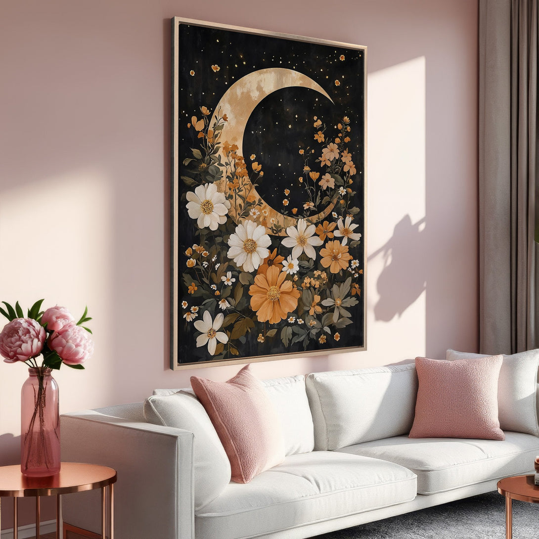 Framed Wall Art: Abstract black swan painting with gold and gray accents. Modern art canvas print in a living room with pink & neutral color palette.