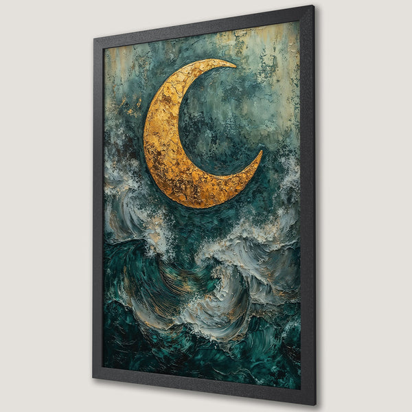 Framed Poster featuring a golden moon over ocean waves, in an abstract style with teal and gold tones. Elevate your space!