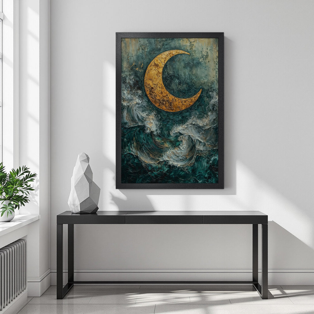 Framed Poster featuring a golden moon over ocean waves, in a textured art style. Teal, gold, and blue color palette. Add celestial vibes to your space!