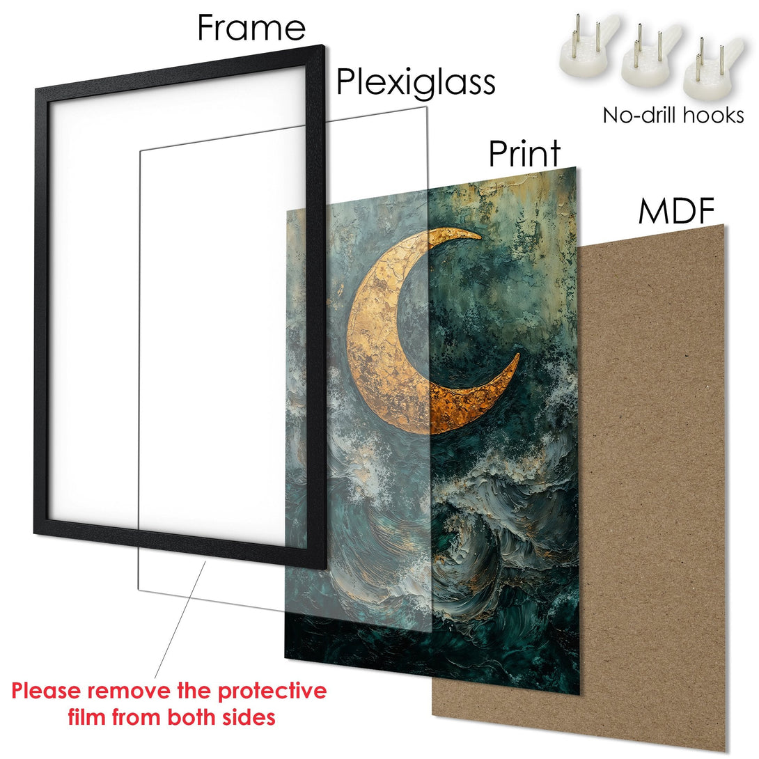 Framed Poster featuring a gold crescent moon over ocean waves, artistic style, teal & gold color palette. Ready to hang!