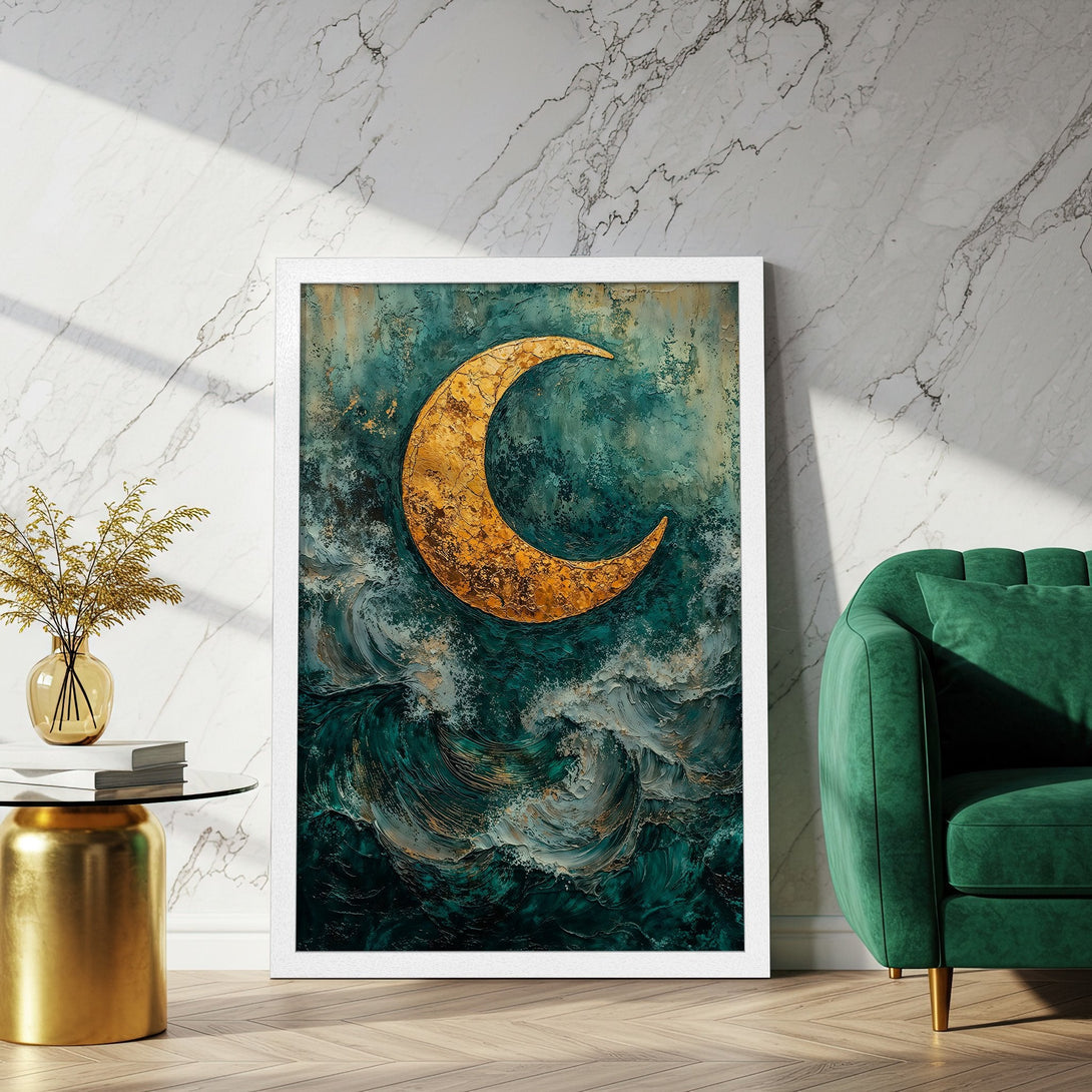 Framed Poster featuring a golden moon over teal waves, abstract style, with gold and teal color palette.