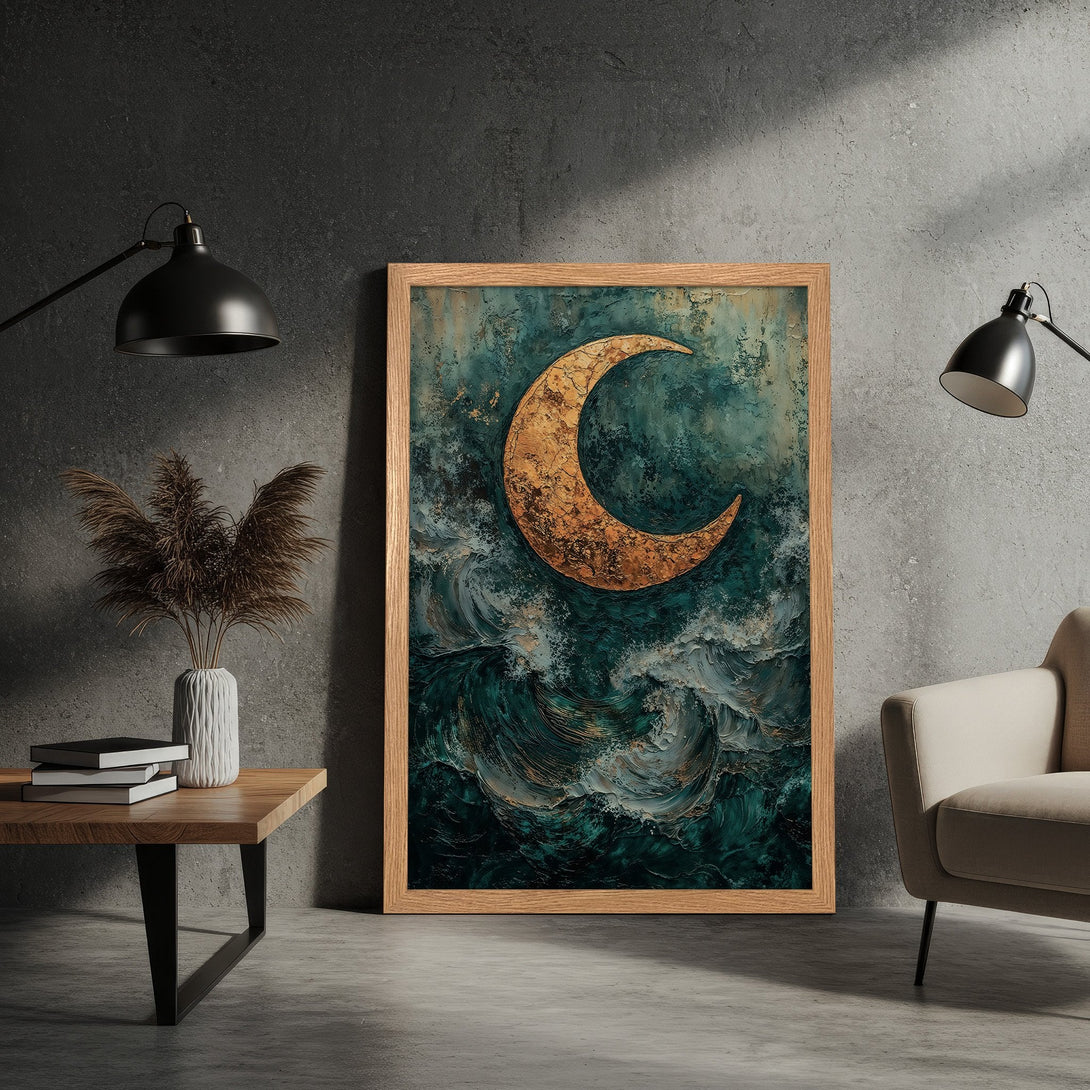 Framed Poster featuring a gold moon over ocean waves. Abstract art style with teal and gold color palette. Perfect wall decor.