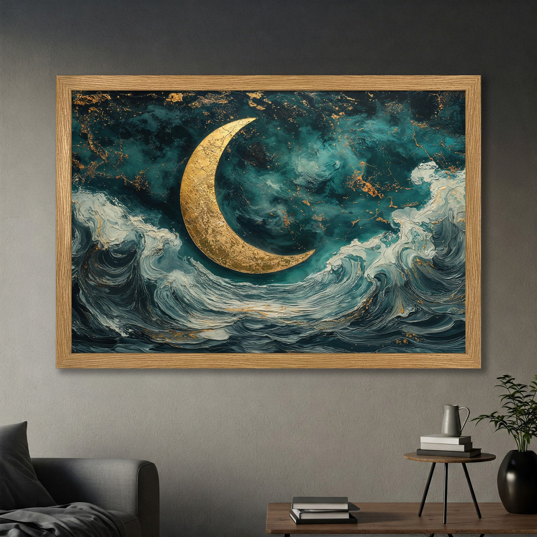 Framed Poster featuring a golden moon over ocean waves in teal and gold. Modern art print for home decor.