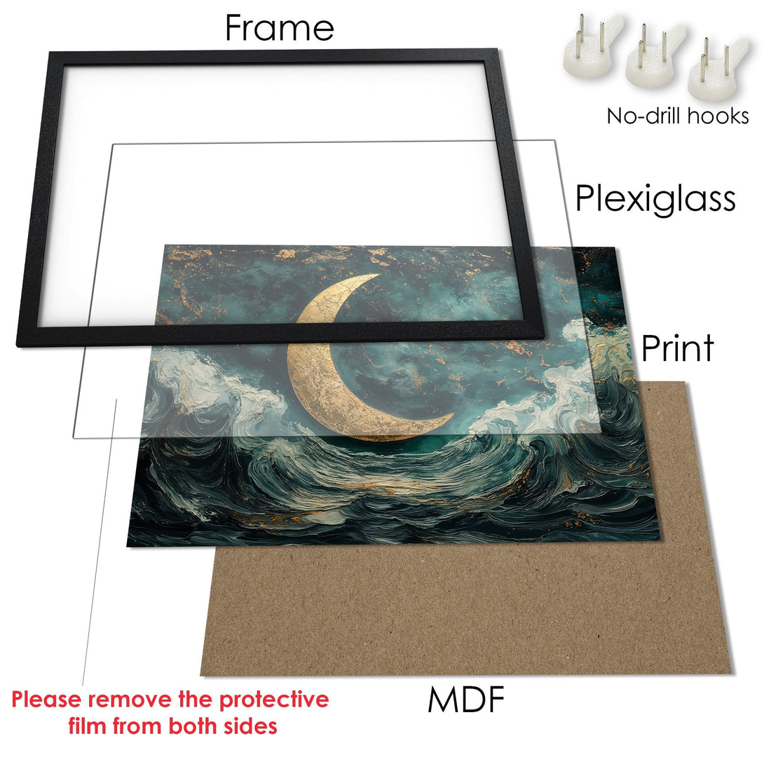 Framed Poster featuring a celestial design with a gold moon over ocean waves. Teal and gold color palette. Ready to hang art.