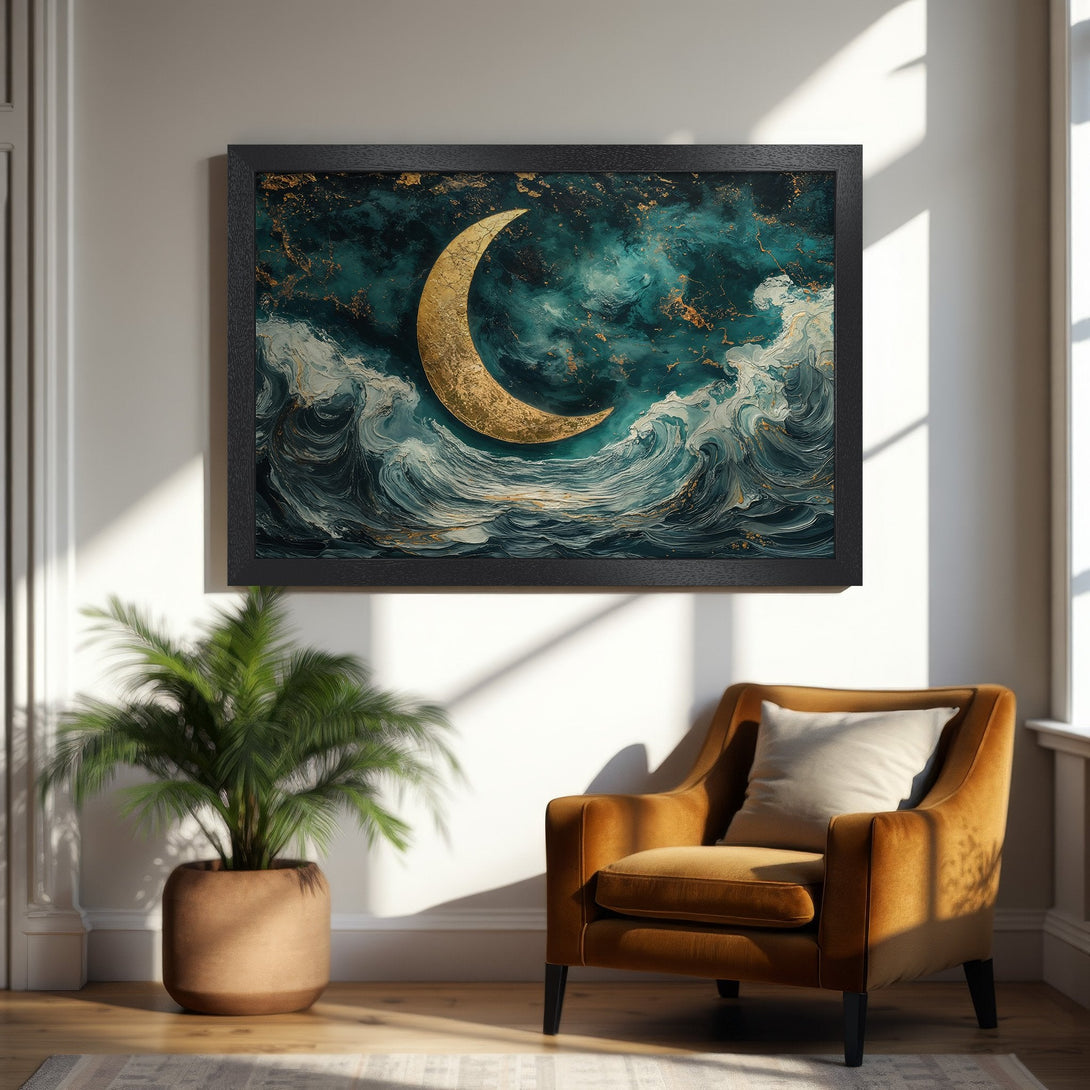 Framed Poster featuring a golden moon over ocean waves, artistic style, teal & gold color palette. Elevate your space with this stunning art!