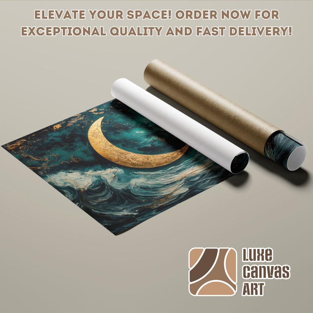 Abstract Poster Roll with gold moon & ocean art. Teal, gold, & white color palette. Order now!