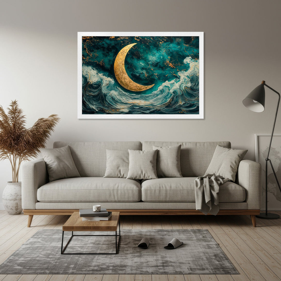 Framed Poster featuring a golden moon over ocean waves in teal and gold tones. Modern art print for home decor.