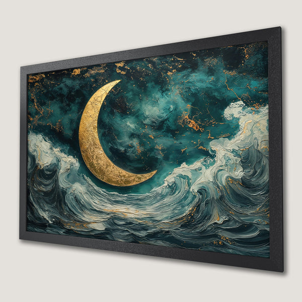 Framed Poster featuring a golden moon over ocean waves. Abstract art in teal and gold color palette.