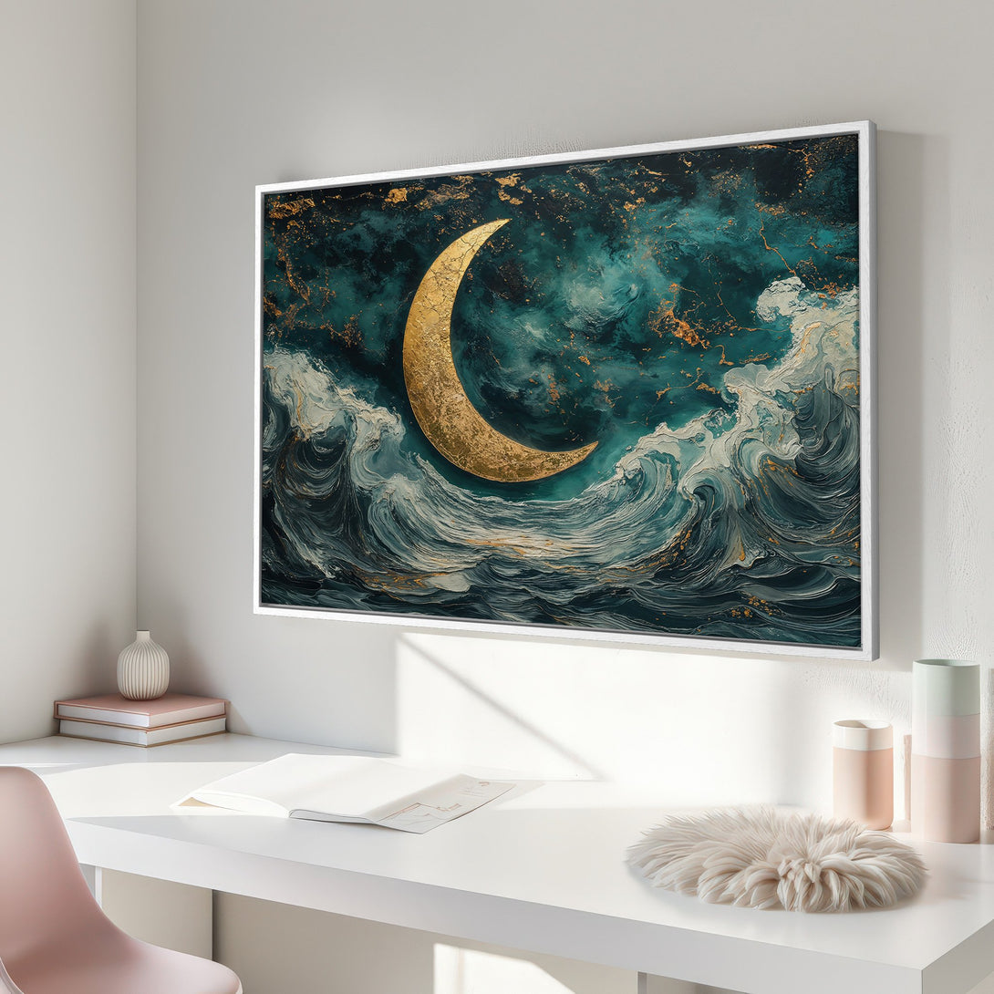 Framed Wall Art: Abstract gold moon over ocean waves in teal and gold. Modern canvas print for stylish home decor.