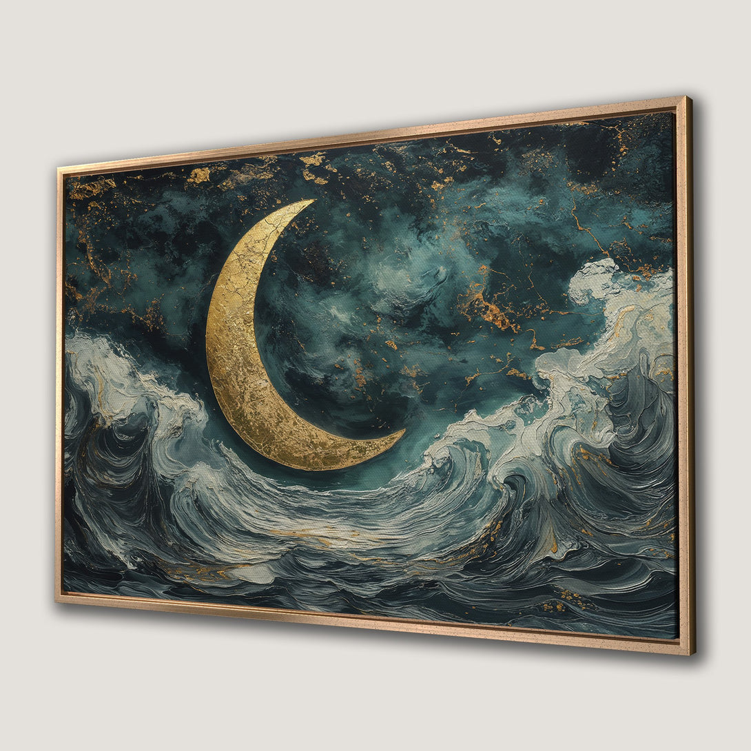 Framed Wall Art: Abstract moon and waves in teal and gold. Modern art Canvas Print for a stylish home decor upgrade.