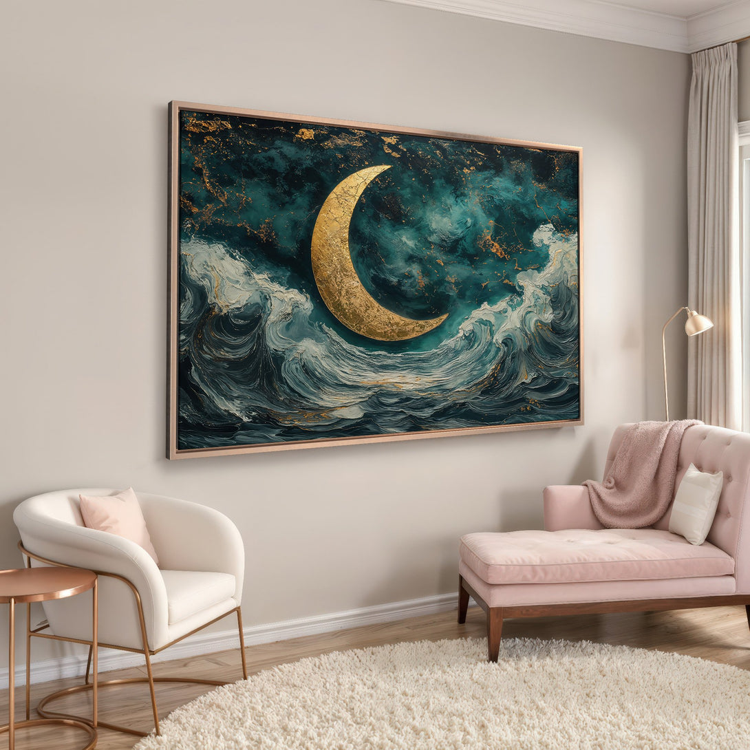 Framed Wall Art: Abstract moon and waves in teal, gold, and white. Modern canvas print for living room decor.