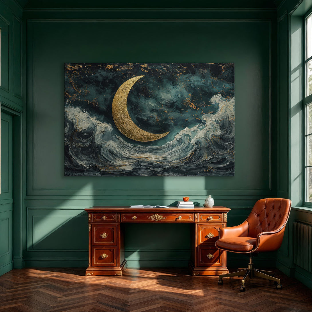 Framed Wall Art: Abstract moon over ocean waves. Teal, gold, and white color palette. Modern art canvas print for dining room decor.