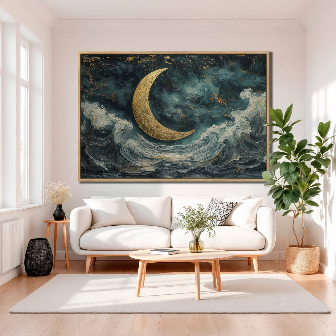Framed Wall Art: Abstract moon & ocean waves canvas print in teal, gold, and white, perfect for modern home decor.