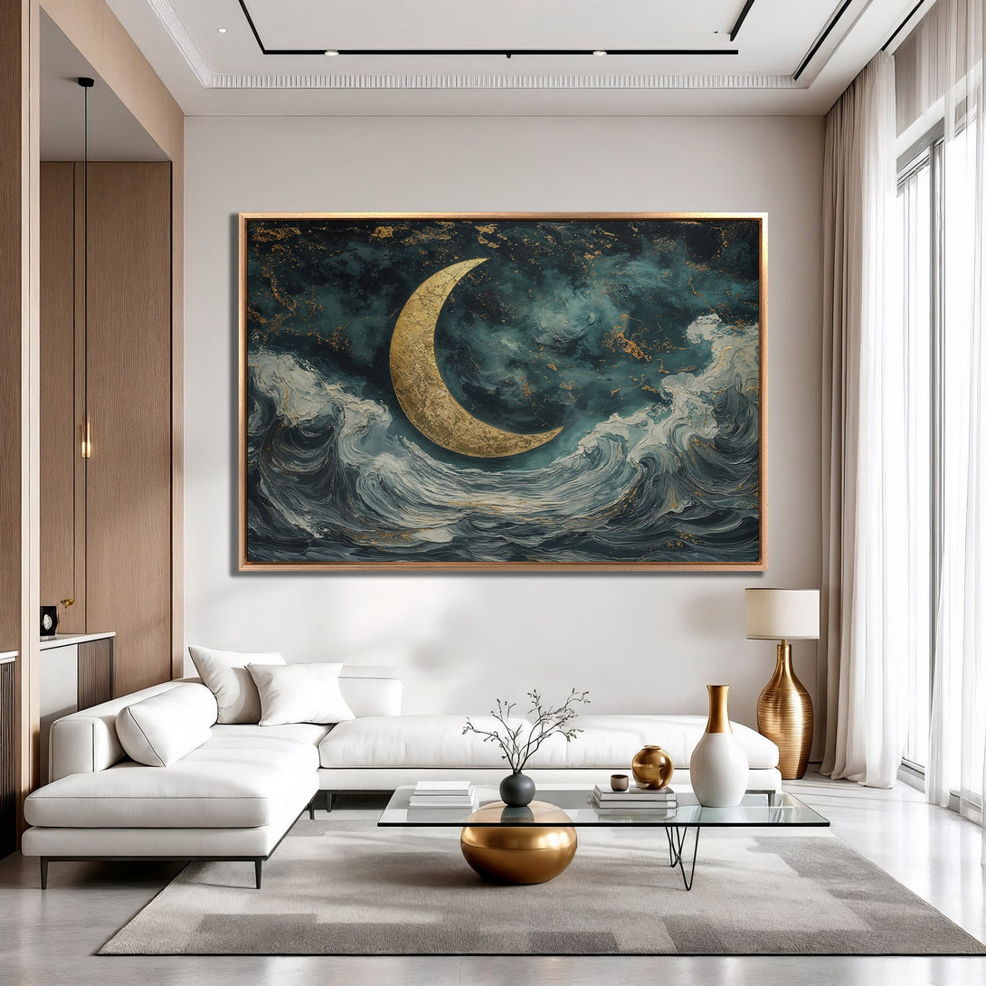 Framed Wall Art: Abstract moon over ocean waves in teal, gold, and white. Elevate your space with this stunning canvas print.