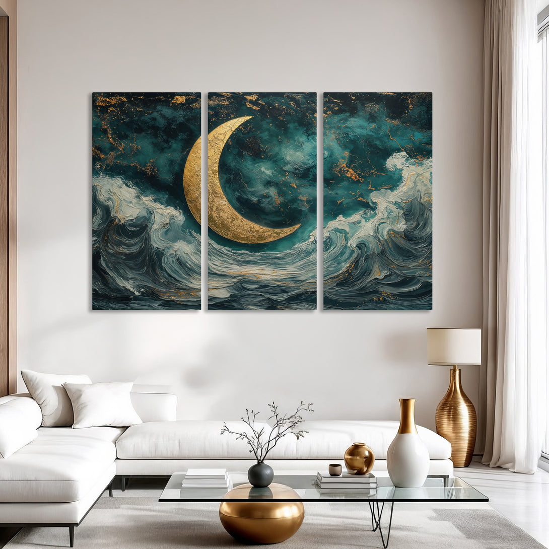 Abstract Canvas Print featuring a golden moon over ocean waves in teal and gold. Modern wall art for a stylish interior.