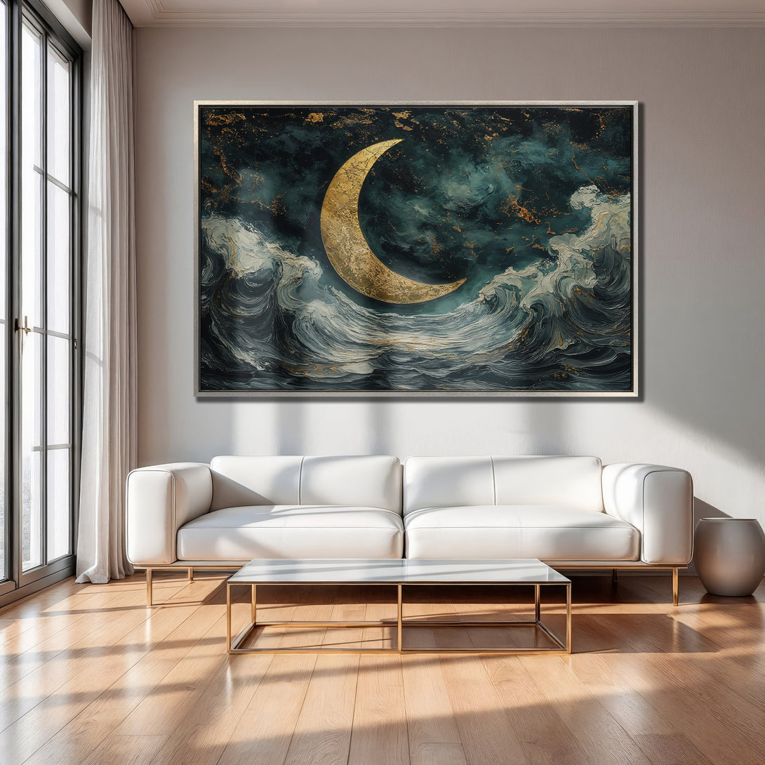 Framed Wall Art: Abstract moon over ocean waves, modern style, teal & gold color palette. Elevate your space with this stunning canvas print!