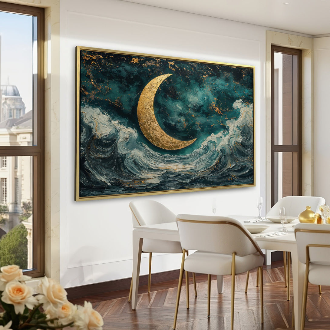 Canvas Print featuring a golden crescent moon over stormy waves, in a teal and gold palette, displayed in a luxurious interior setting.