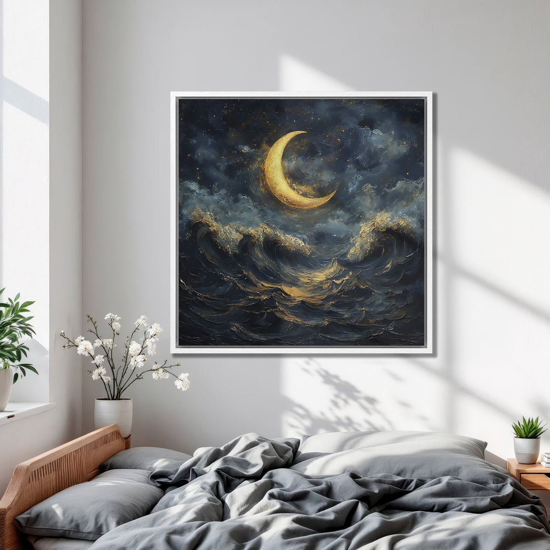 Framed Wall Art: Moonlit ocean scene in deep blues & gold. Adds a touch of serenity to any space. Perfect for bedroom decor.