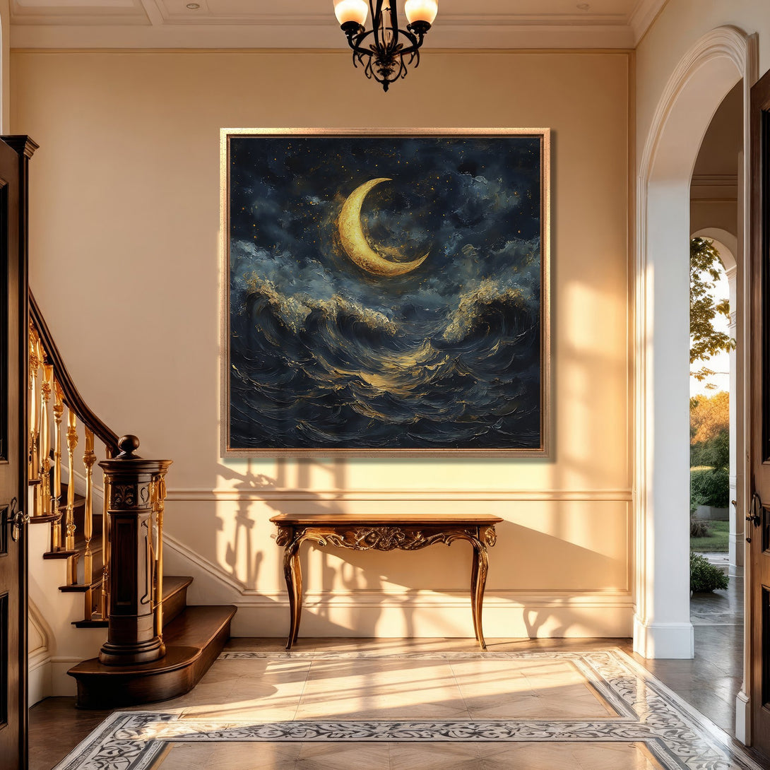 Framed Wall Art: Moonlit waves canvas print in a luxury interior. Blue, gold, and cream color palette. Add a touch of elegance to your home decor.