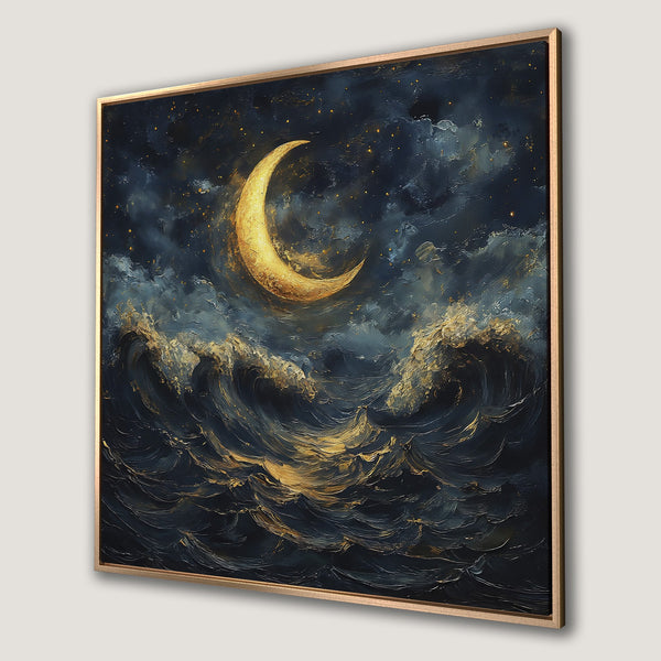 Framed Wall Art: Dramatic moonlit seascape in blues and golds. Stunning Canvas Print for a touch of celestial beauty. Shop now!