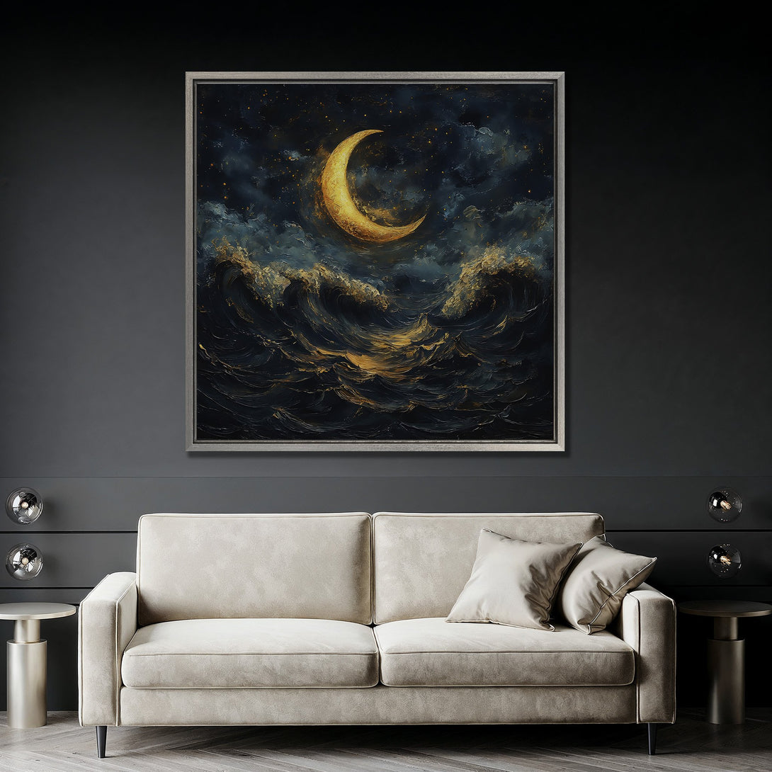 Framed Wall Art: Majestic moon over ocean waves, dark blue and gold abstract painting. Bring the night sky indoors with this stunning Canvas Print!