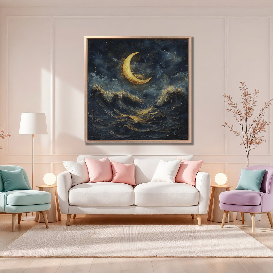 Framed Wall Art featuring a celestial moon over ocean waves, in a dark blue and gold palette, perfect for adding a touch of elegance to any room.
