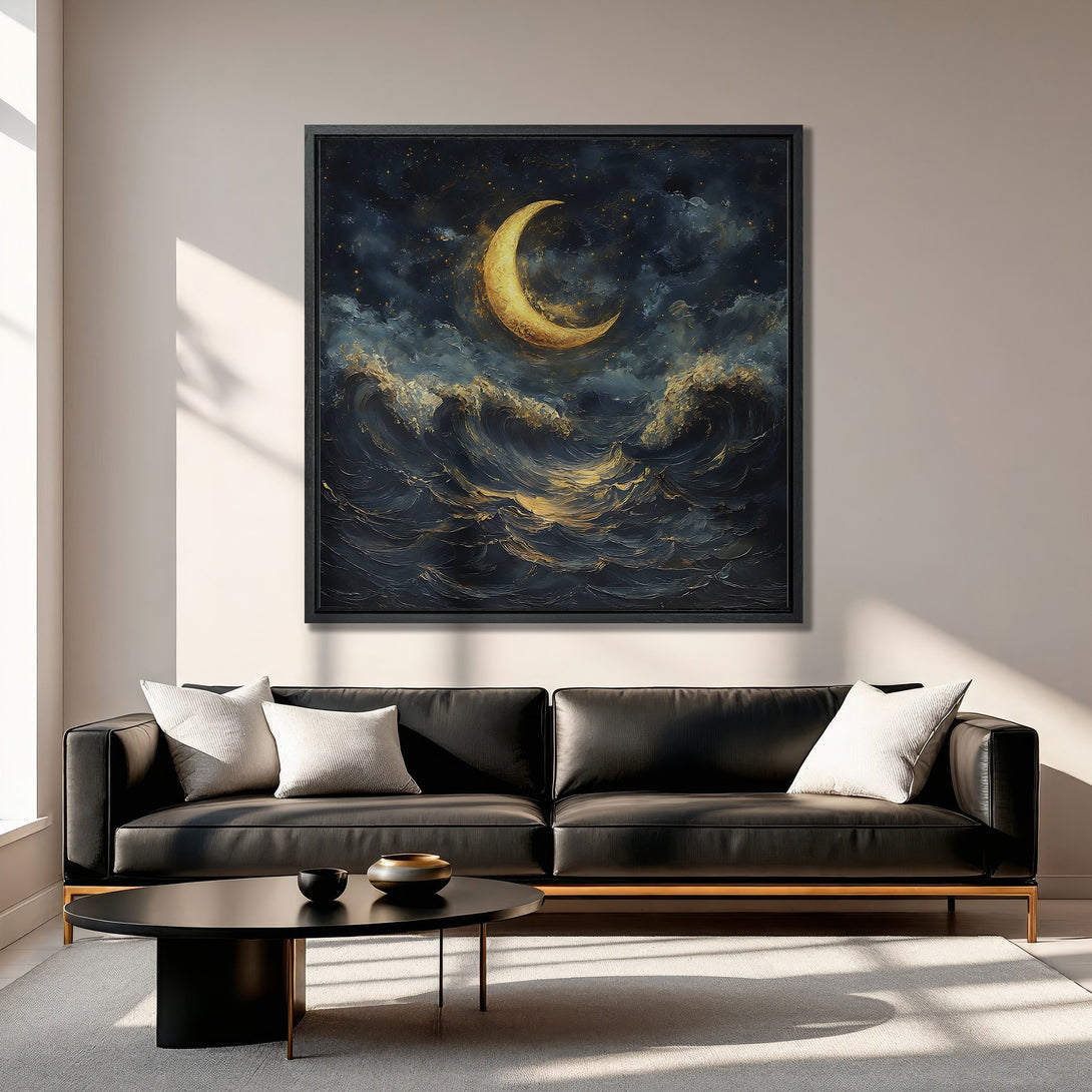 Framed Wall Art: Abstract moonlit ocean scene in blue and gold. Add a touch of celestial elegance to your space with this stunning canvas print.