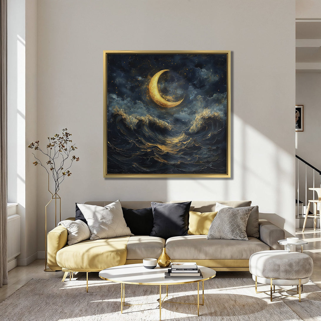Canvas Print: Dramatic moonlit ocean scene in dark blue and gold tones. Stylish wall art for living room decor.