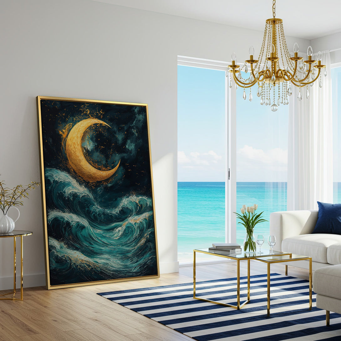 Canvas Print of a golden moon over teal ocean waves, displayed in a modern living room. Coastal art with a calming, blue and gold color palette.