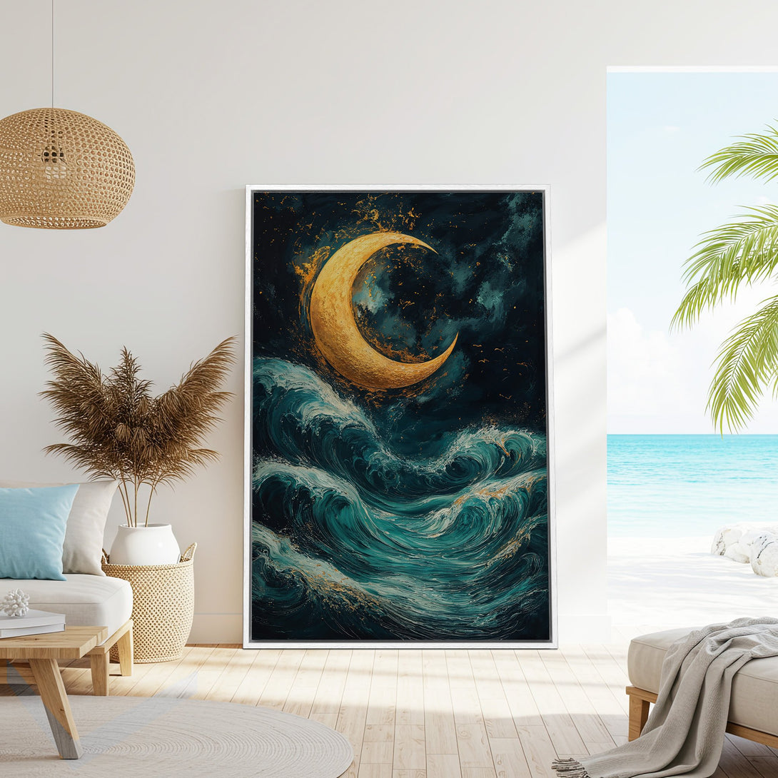 Framed Wall Art featuring a golden moon over teal ocean waves. Modern abstract style with a dark, moody color palette. Perfect coastal decor.