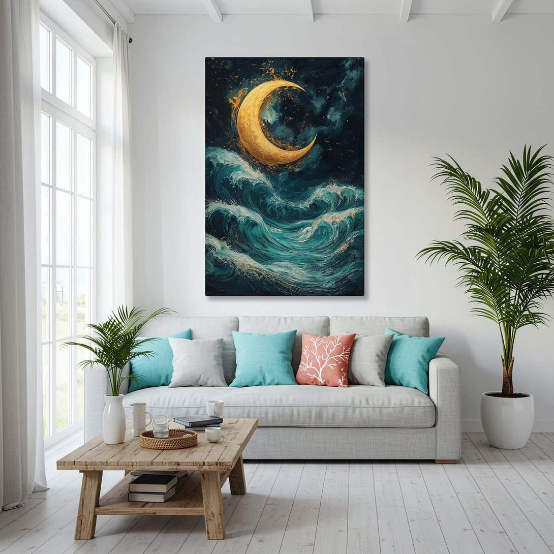 Framed Wall Art featuring a gold crescent moon over teal ocean waves. Coastal style art with gold and teal color palette, perfect for home decor.