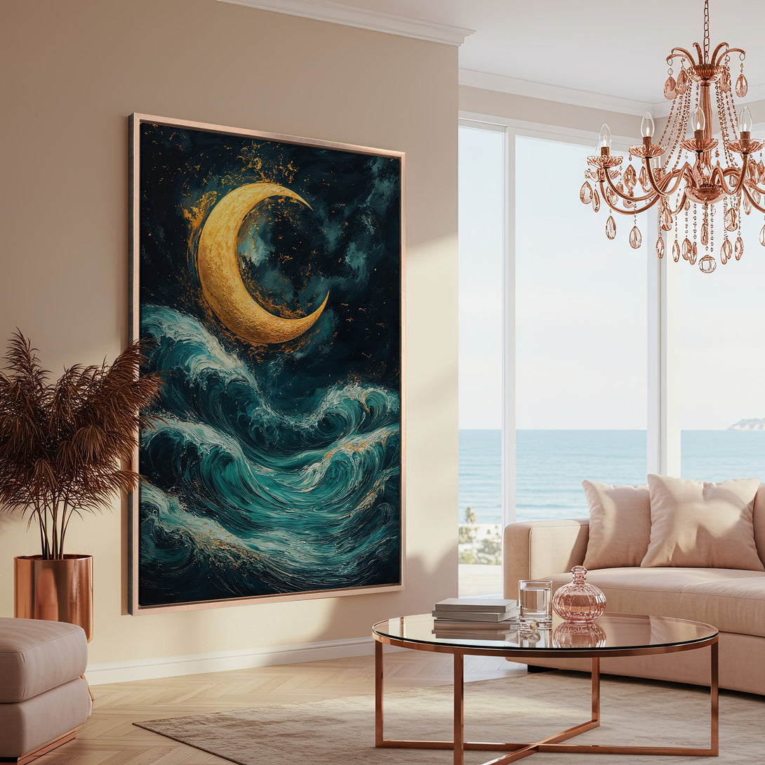 Framed Wall Art: Abstract ocean scene with golden moon, teal and gold color palette. Enhance your living room with this stunning Canvas Print!