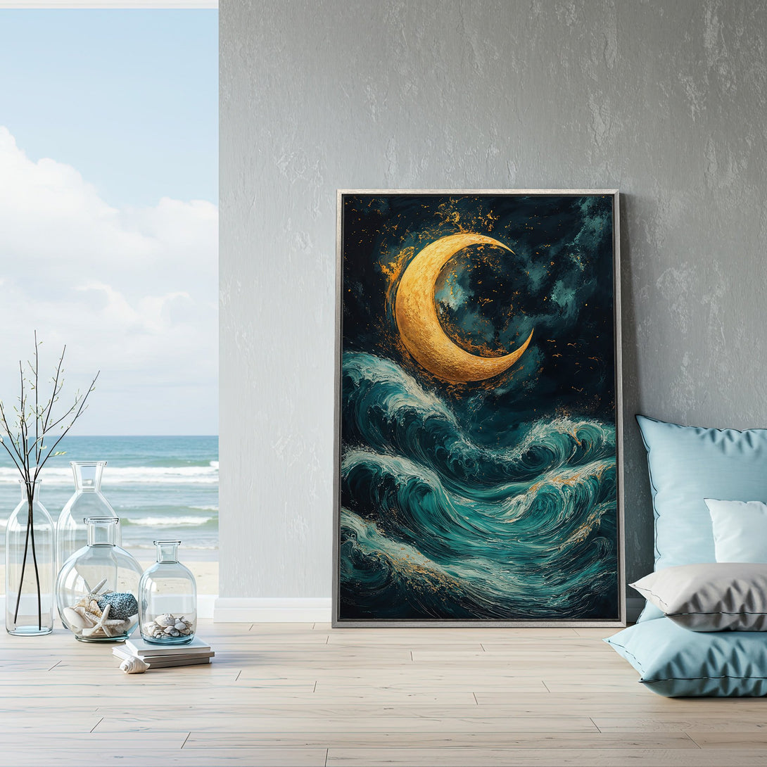 Framed Wall Art: Abstract moon and ocean waves in teal and gold. Coastal art for a serene home.