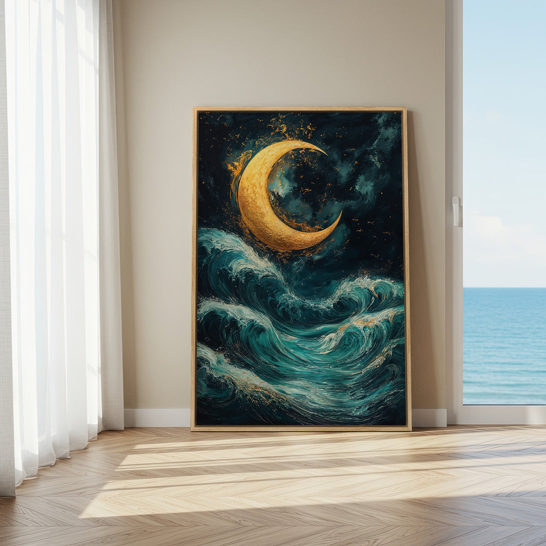 Framed Wall Art featuring a golden moon over teal ocean waves. Stunning artwork in a dark, moody palette. Perfect for adding a touch of elegance to your space.