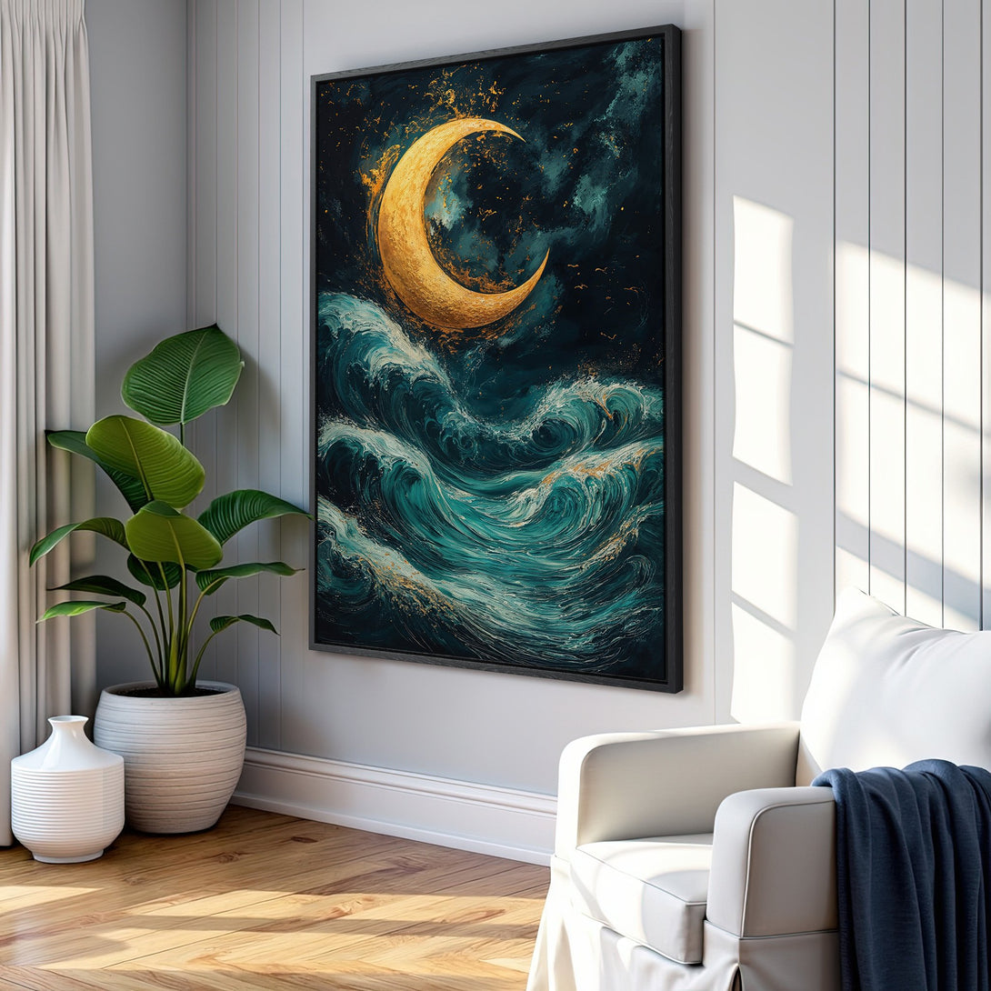 Framed Wall Art: Abstract moon and ocean waves in teal and gold. Modern art canvas print for a serene interior. Shop now!