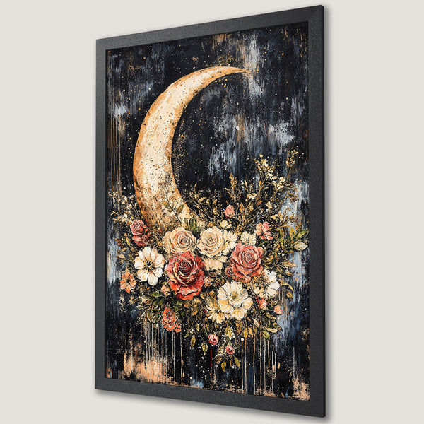 Framed Poster featuring a crescent moon and floral arrangement, in a dark, textured style with a warm, earthy color palette.