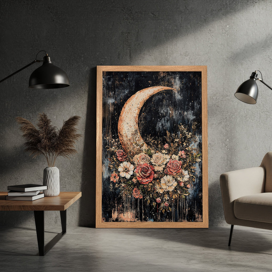 Framed Poster featuring a crescent moon and floral arrangement. Dark, moody style with a warm, earthy color palette. Perfect wall art.