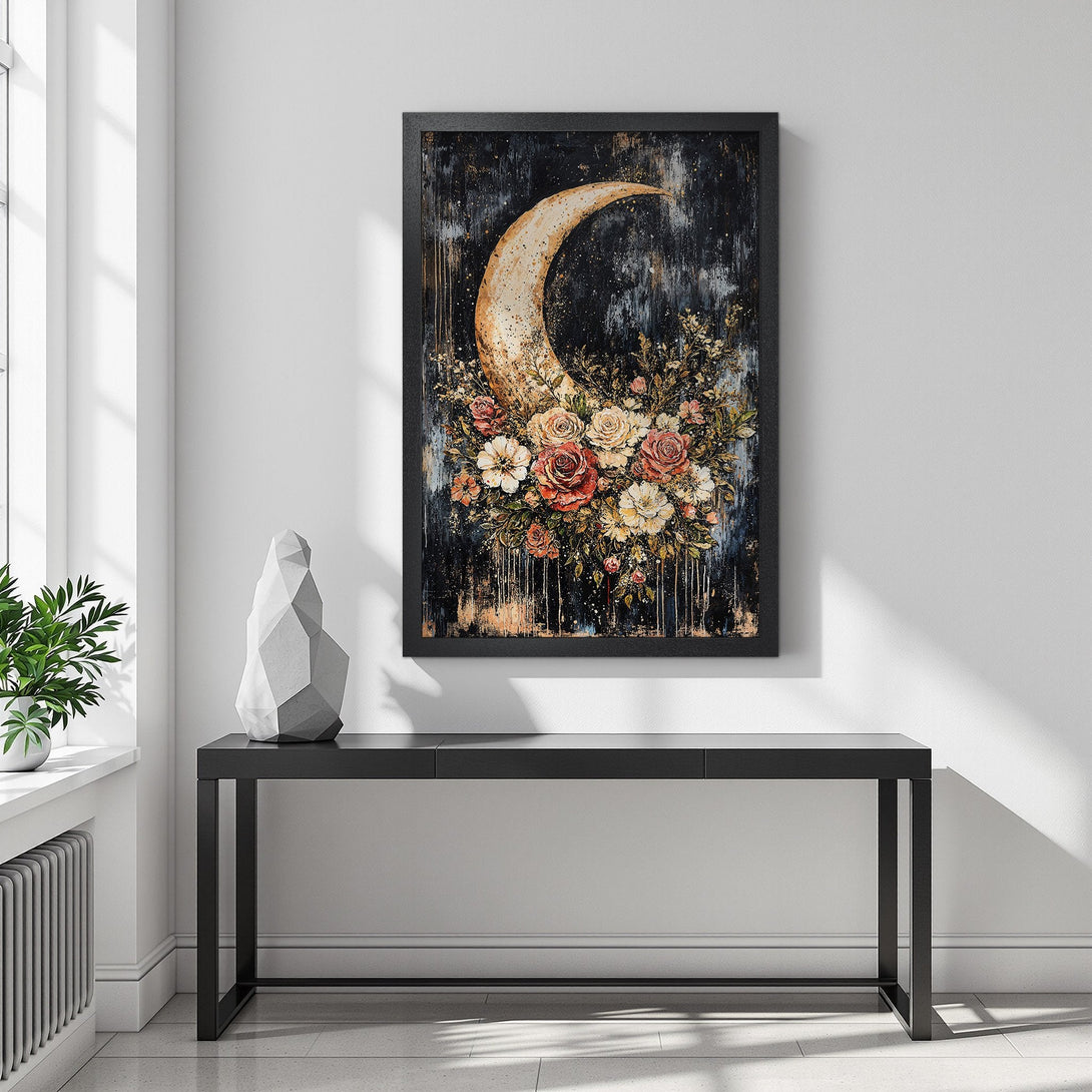 Framed Poster featuring a crescent moon and floral arrangement. Dark, moody style with a black, gold, and blush color palette. Perfect wall art!