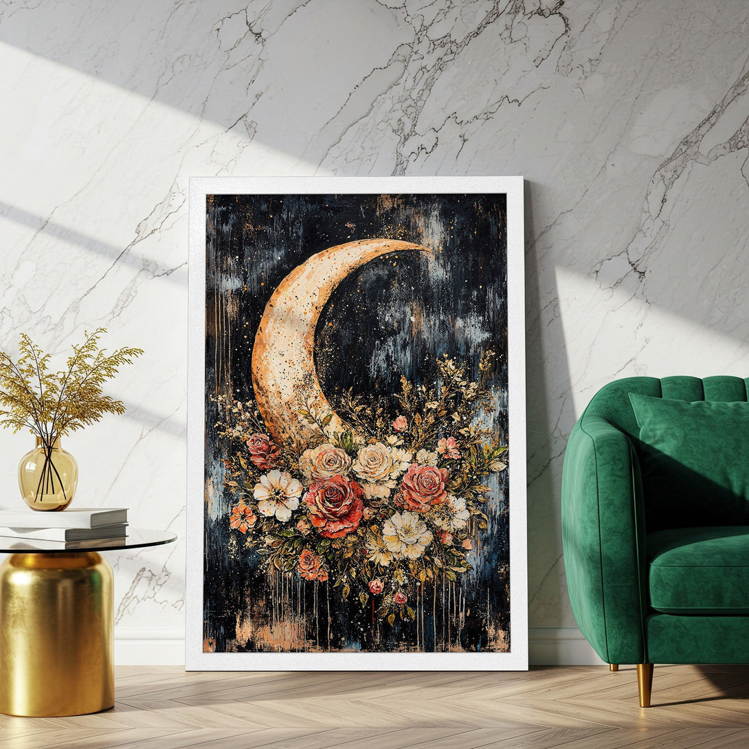 Framed Poster featuring a crescent moon and floral arrangement. Artistic style with a dark, moody palette of black, gold, and warm tones.