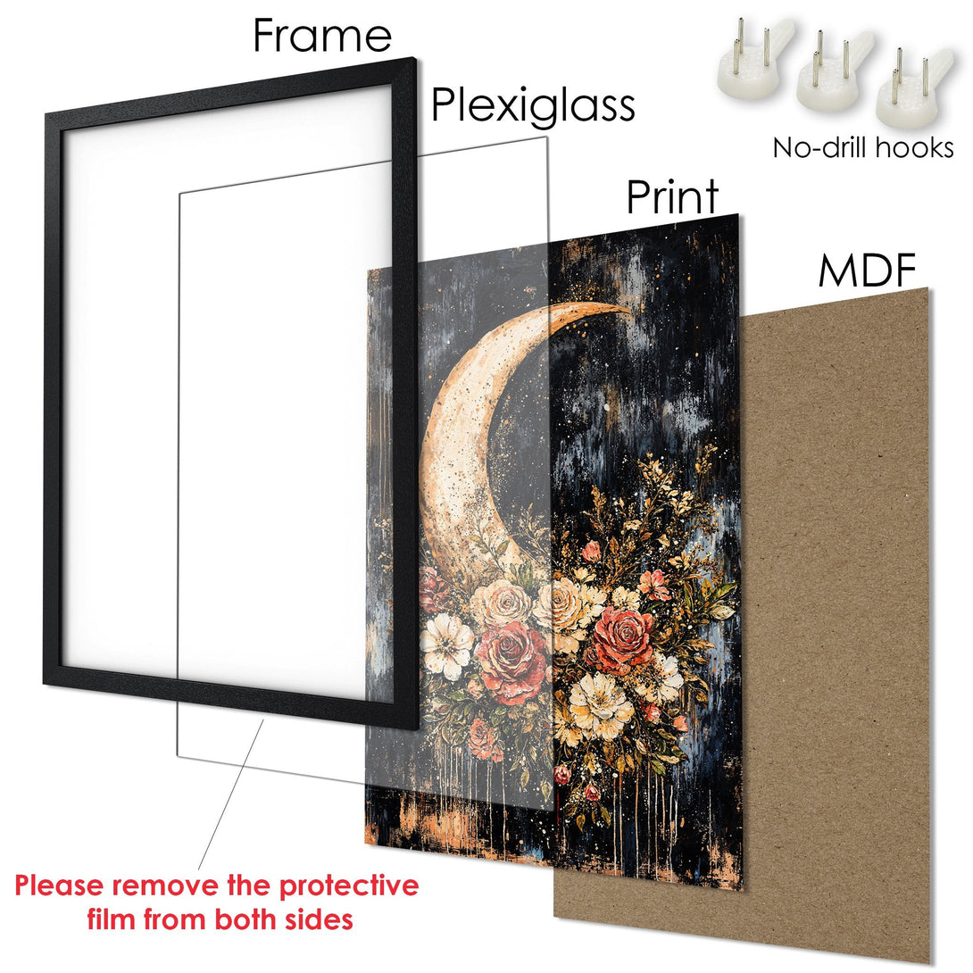 Framed Poster featuring a floral crescent moon design in a dark, moody style with a warm, earthy color palette. Perfect wall art!