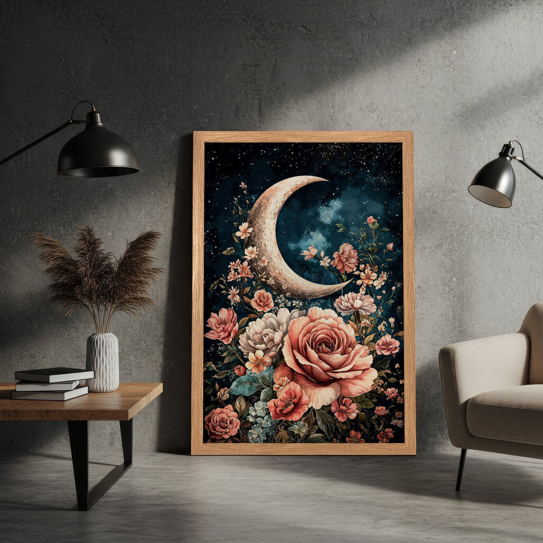 Framed Poster featuring a crescent moon and floral design in watercolor style. Romantic art with a dark blue and blush color palette.