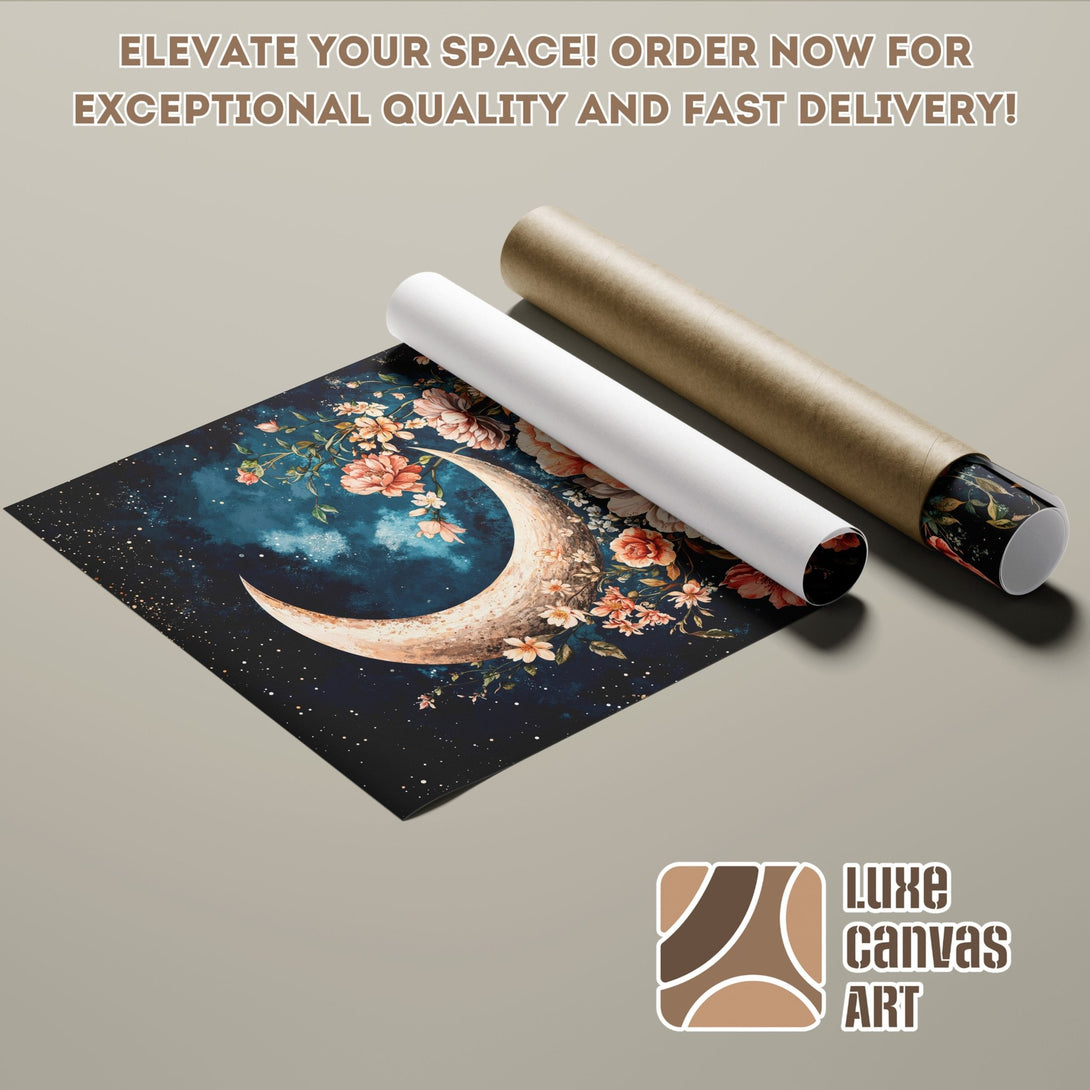 Poster Roll featuring a watercolor moon and floral design, perfect for home decor. Dark blue and peach color palette.