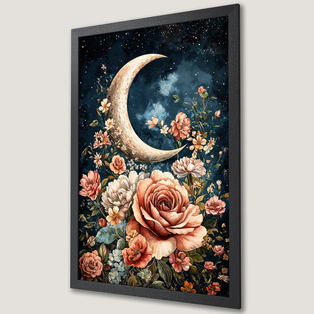 Framed Poster featuring a watercolor moon and floral design in a romantic style with a warm, earthy color palette.