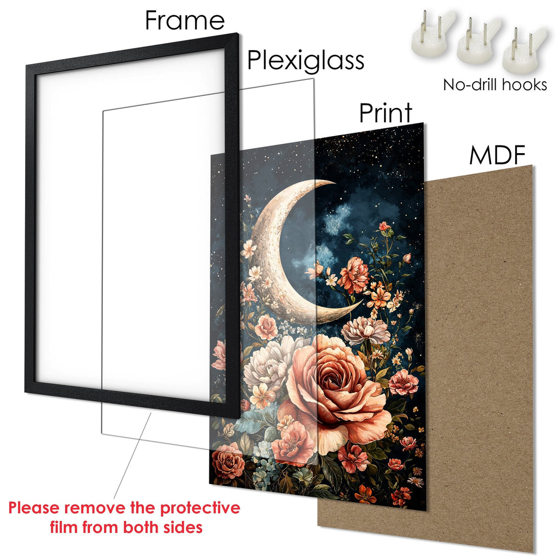 Framed Poster: Floral moon art print with a dark blue and warm color palette. Enhance your space with this beautiful Poster!