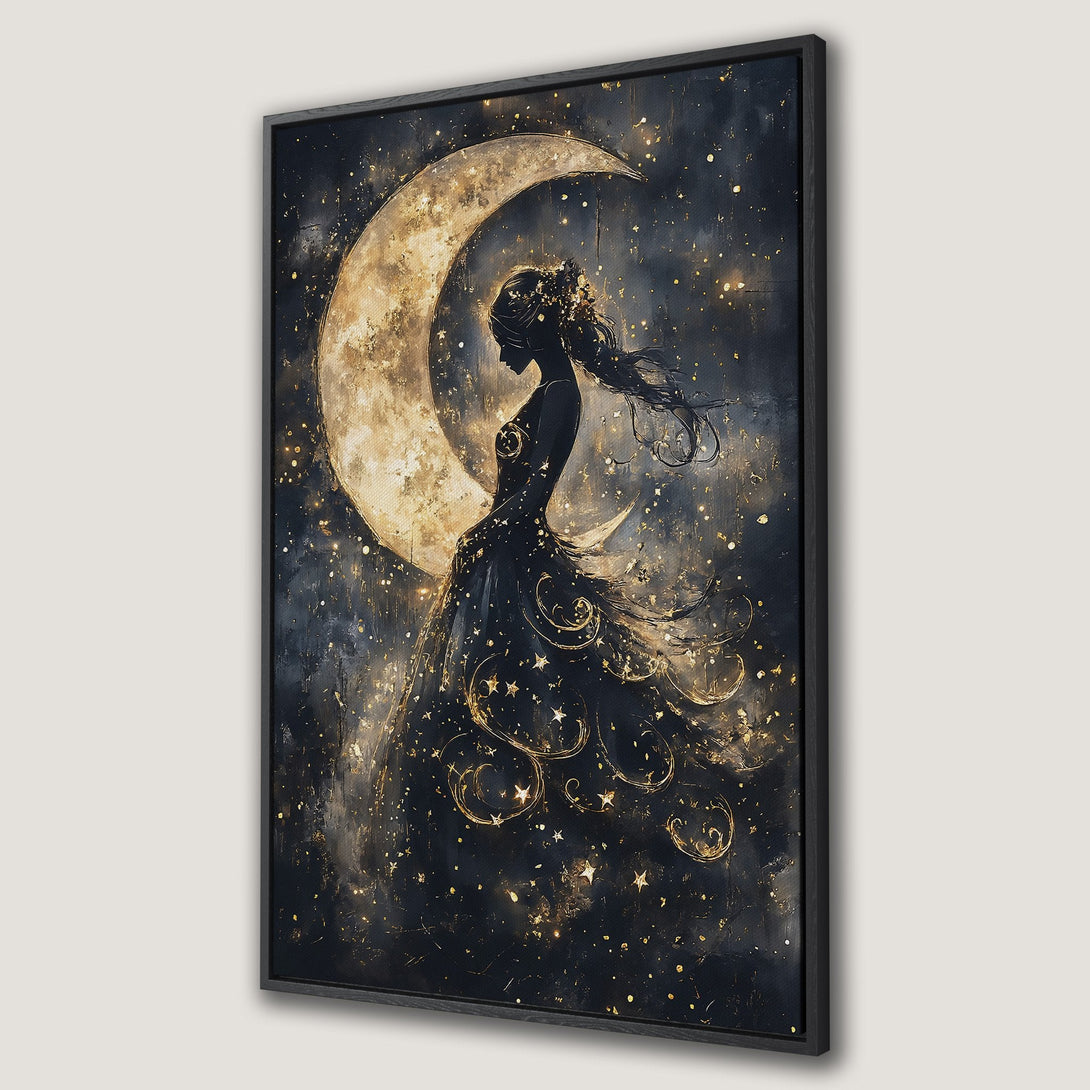 Framed Wall Art featuring a celestial woman silhouetted against a moon. Dark, moody color palette with gold accents. Perfect for adding a touch of magic.
