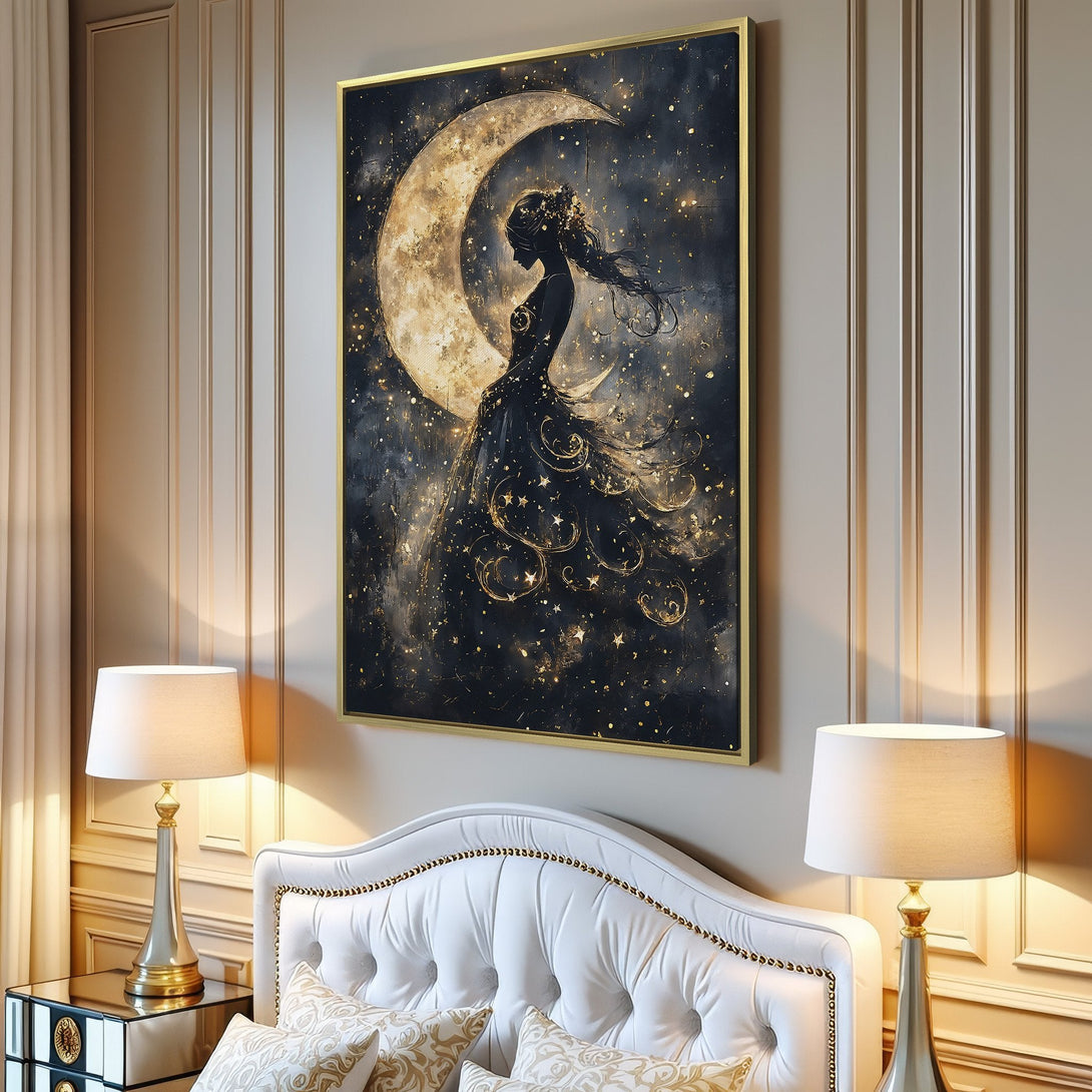 Canvas Print of a celestial woman silhouetted against a moon, in a dark, dreamy style with gold and navy tones. Perfect wall art.